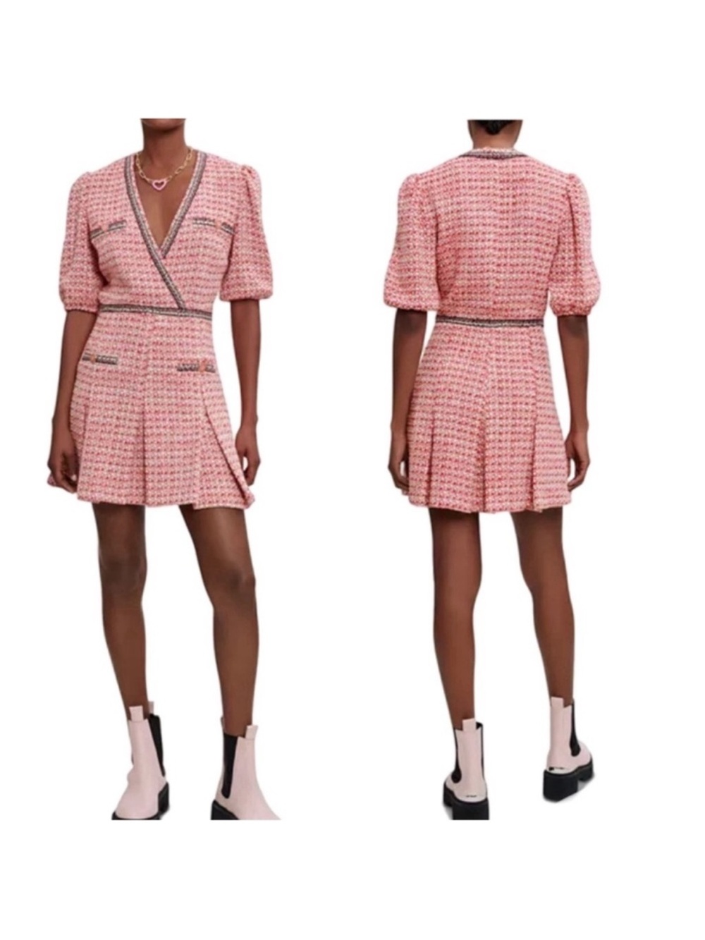 Maje Pink Tweed Wrap Mini Dress with Puff Sleeves